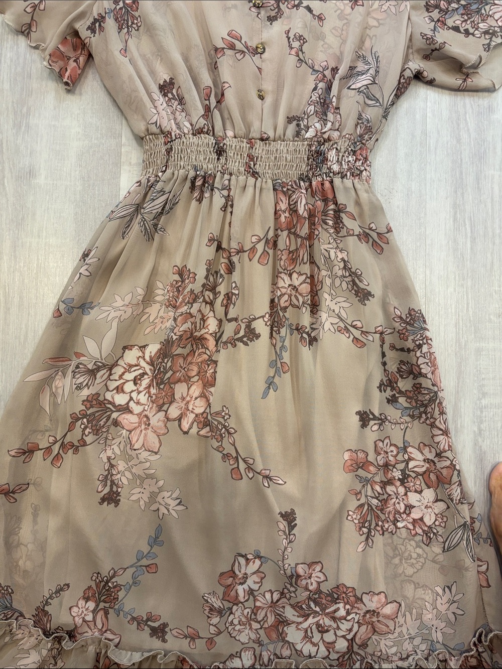 Stella & Julie Taupe Floral Midi Dress with Blush Floral Accents Elastic waist - Picture 7 of 8